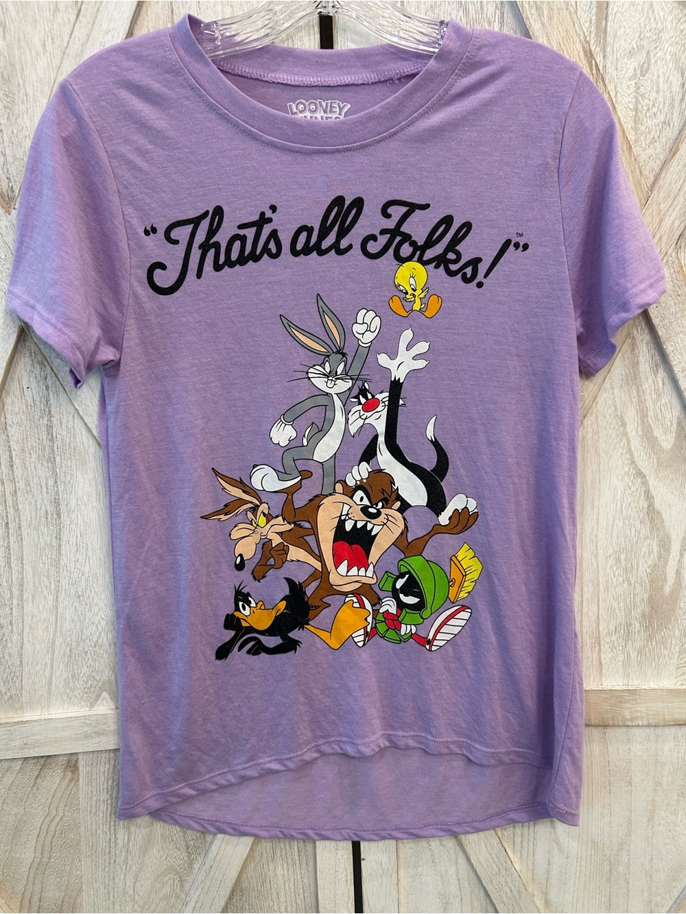 Looney Tunes Woman’s Small "That's All Folks!" Graphic Tee Bugs Bunny Purple